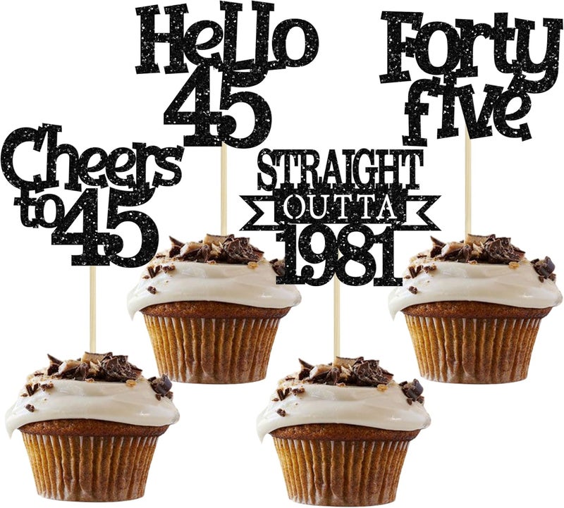 Ephlyn 24Pcs 45th Birthday Cupcake Toppers Glitter Straight Outta 1981 Cupcake Picks Hello 45 Cheers to 45 Years Cake Decorations for 45th Birthday Anniversary Party Decorations Supplies Black - Image 1